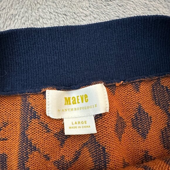 Maeve Anthropologier Navy Blue Orange Motif Knit Midi Skirt LARGE - Picture 3 of 6